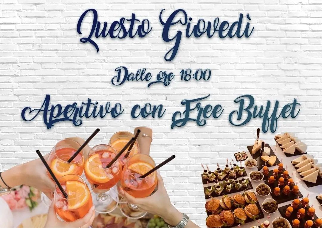 Locandina dell'aperitivo del giovedì allo Sbaraglio, con buffet libero dalle 18.