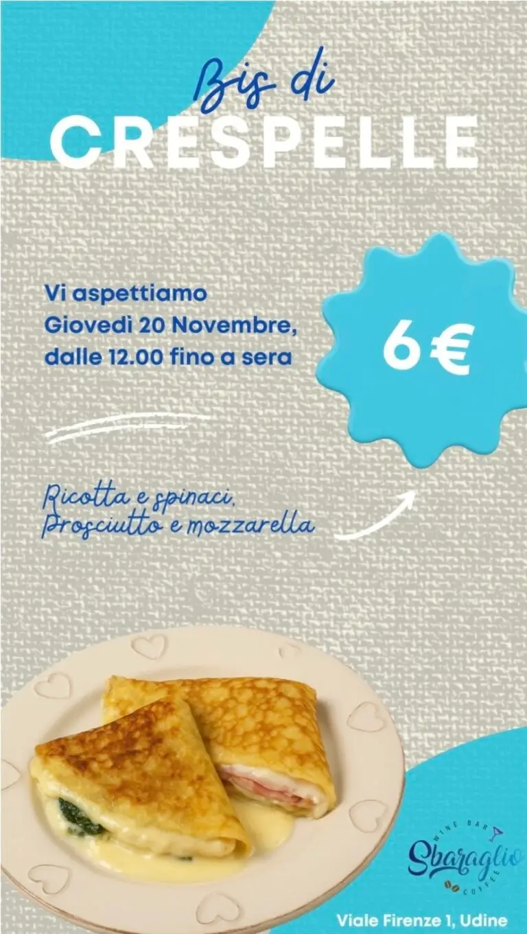 Locandina del bis di crespelle: ricotta e spinaci, prosciutto e mozzarella, sei euro.