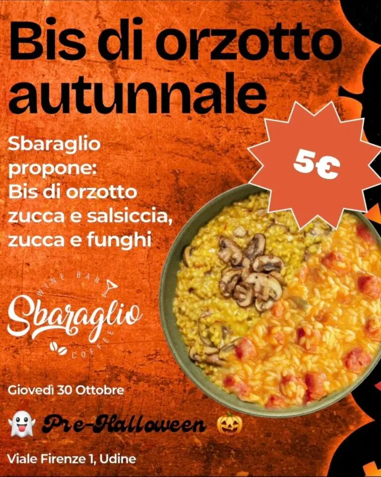 Locandina del bis di orzotto autunnale: zucca e salsiccia, zucca e funghi, cinque euro.