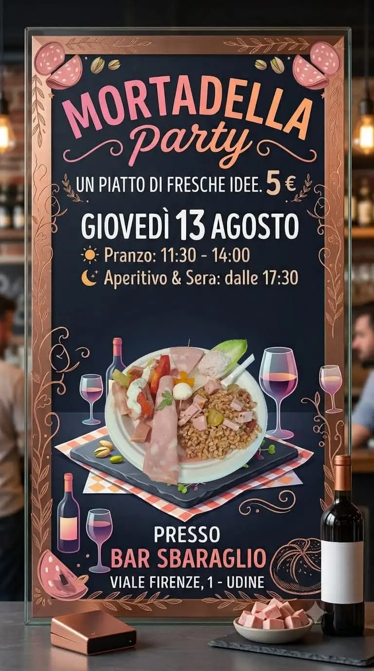 Locandina del Mortadella Party allo Sbaraglio: un piatto a cinque euro, a pranzo e alla sera.
