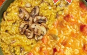Ciotola di orzotto con zucca, salsiccia e funghi.