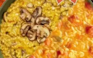Ciotola di orzotto con zucca, salsiccia e funghi.