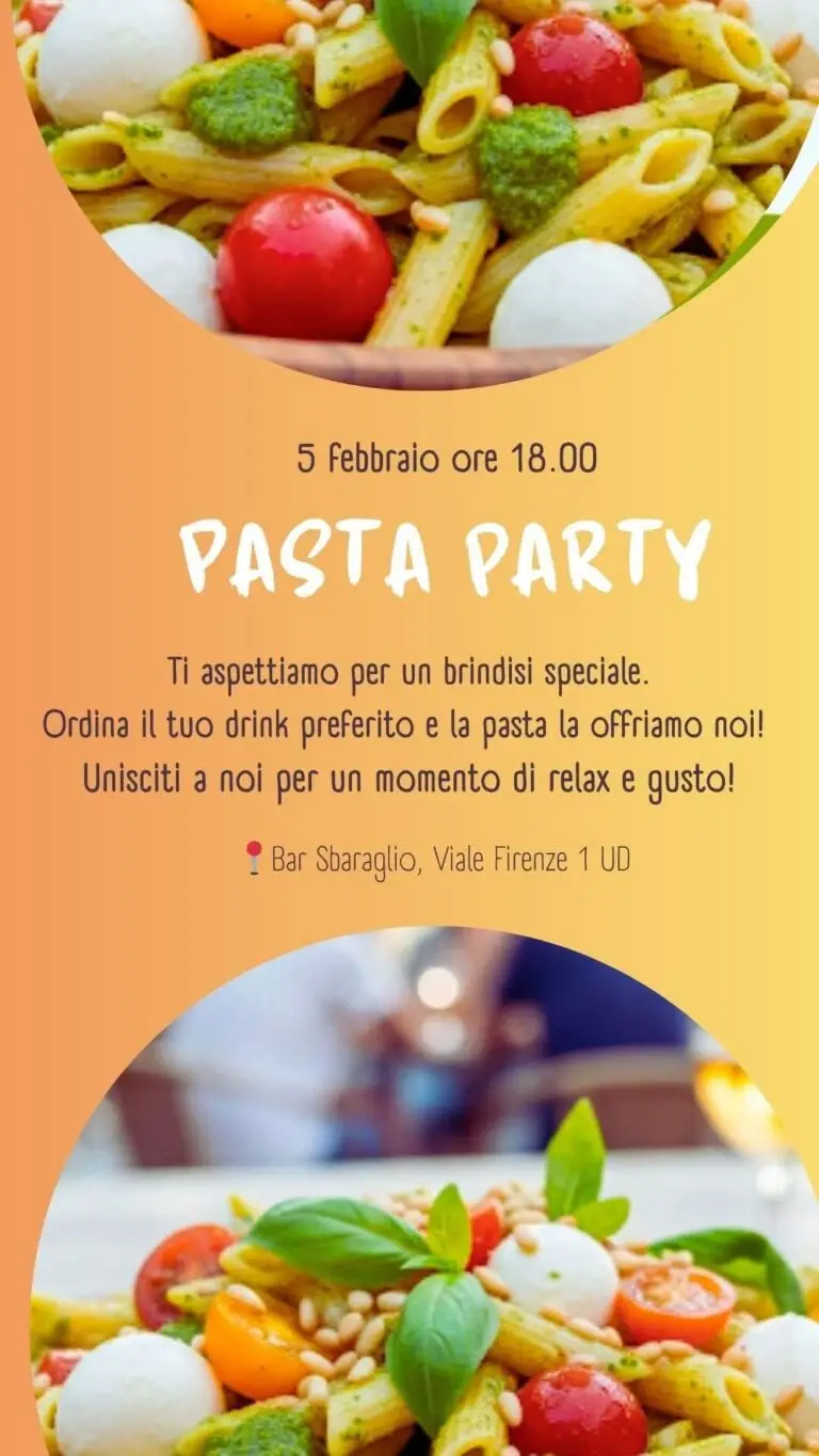 Locandina del Pasta Party allo Sbaraglio: ordini il drink e la pasta è offerta.