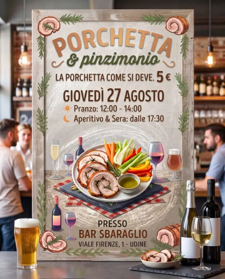 Locandina di porchetta e pinzimonio allo Sbaraglio, cinque euro a pranzo e alla sera.