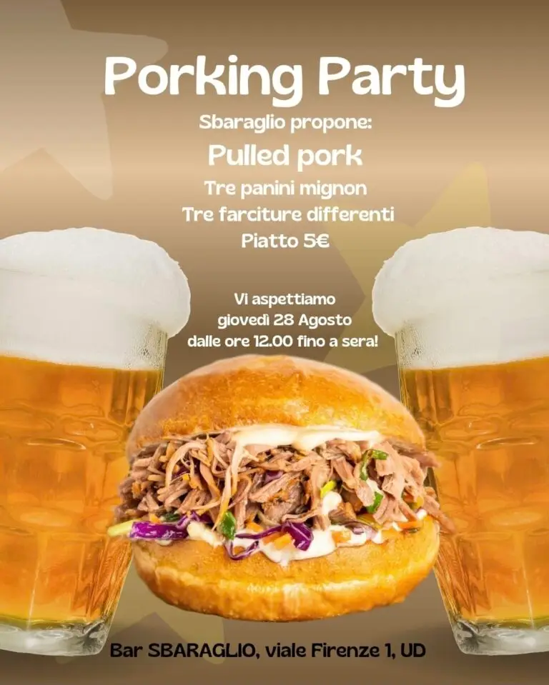 Locandina del Porking Party allo Sbaraglio: tre panini mignon con pulled pork e tre farciture, cinque euro.